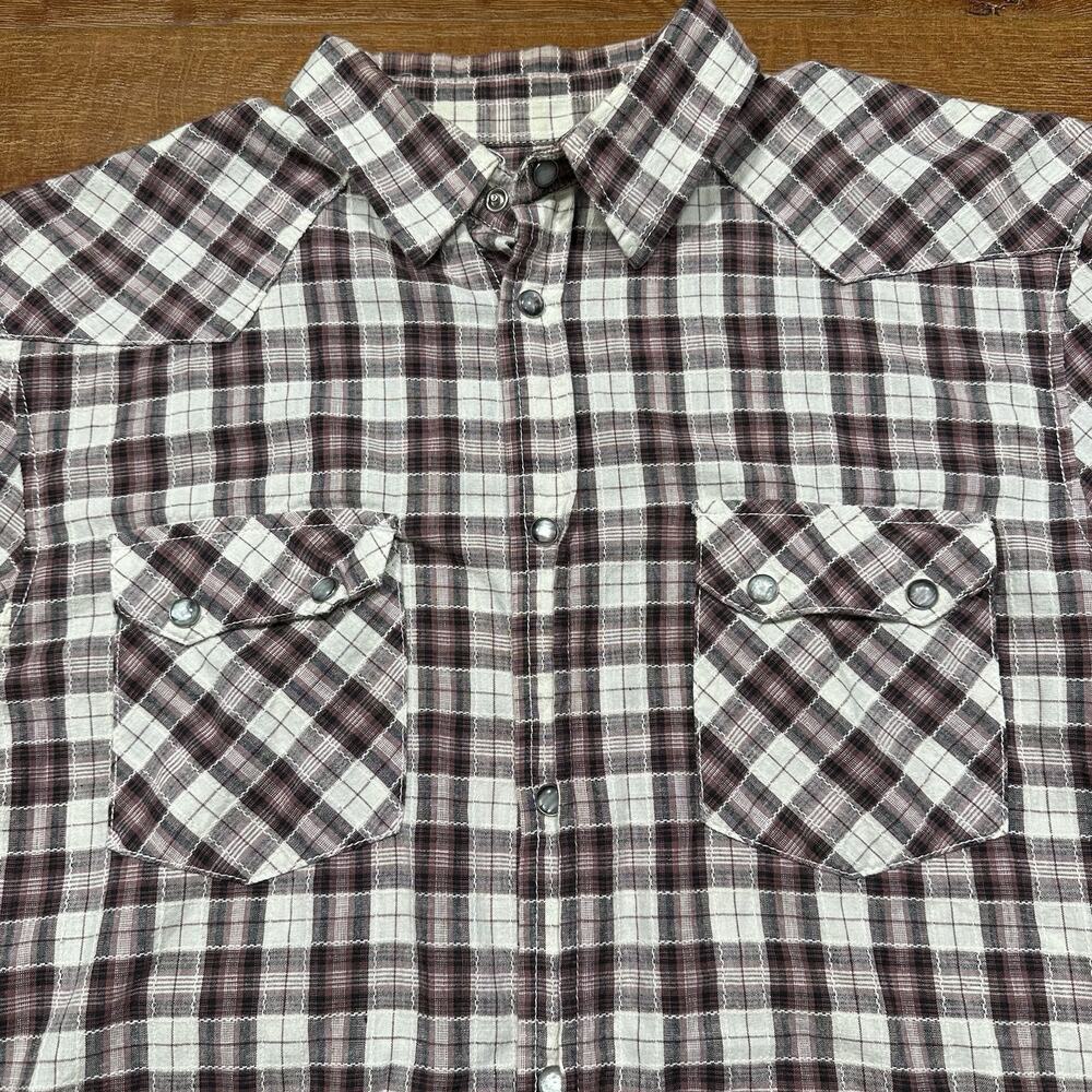 MBark Pearl Snap Shirt Men L Burgundy Tartan Plaid Embroidered Rope Chain Stitch